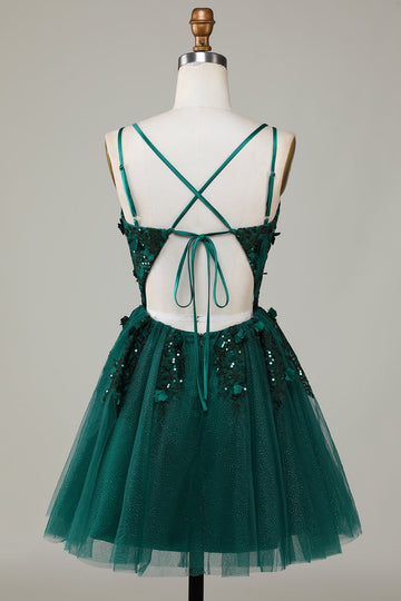 Stylish A Line Spaghetti Straps Dark Green Short Cocktail Dress with Appliques Beading
